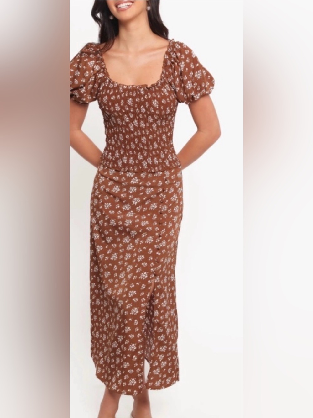 NWT Petal & Pup Zola Smocked Shirt/Maxi Skirt Set Chocolate Brown & White Floral
